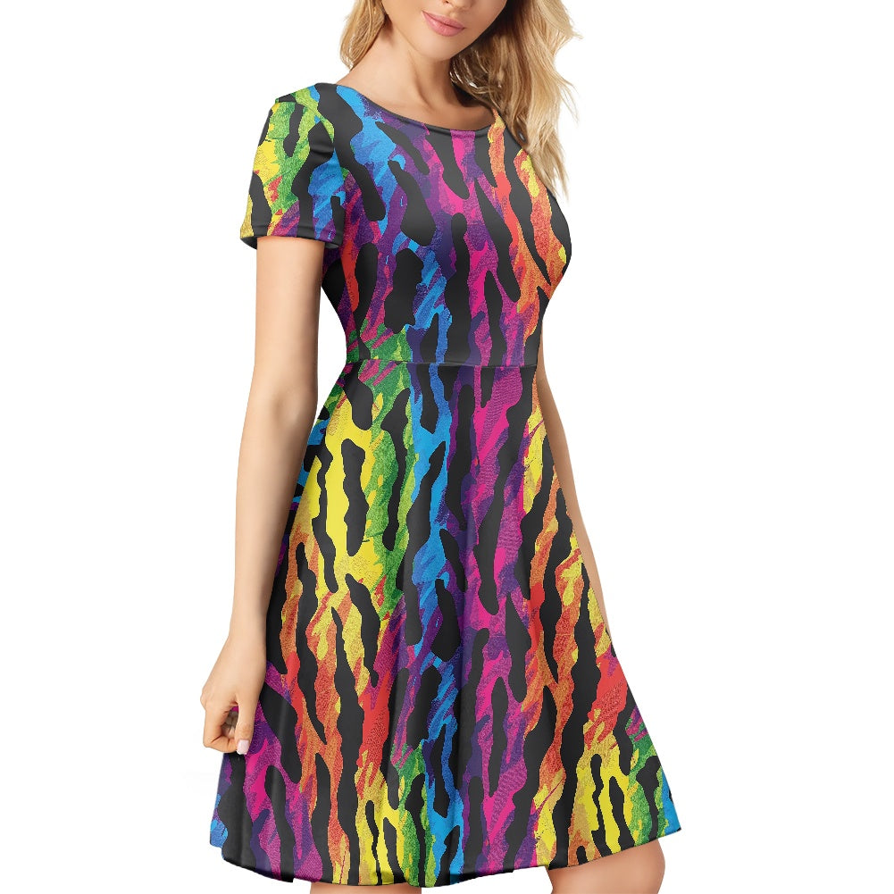 Women Scoop Neck Short Sleeve Ruffle Dress