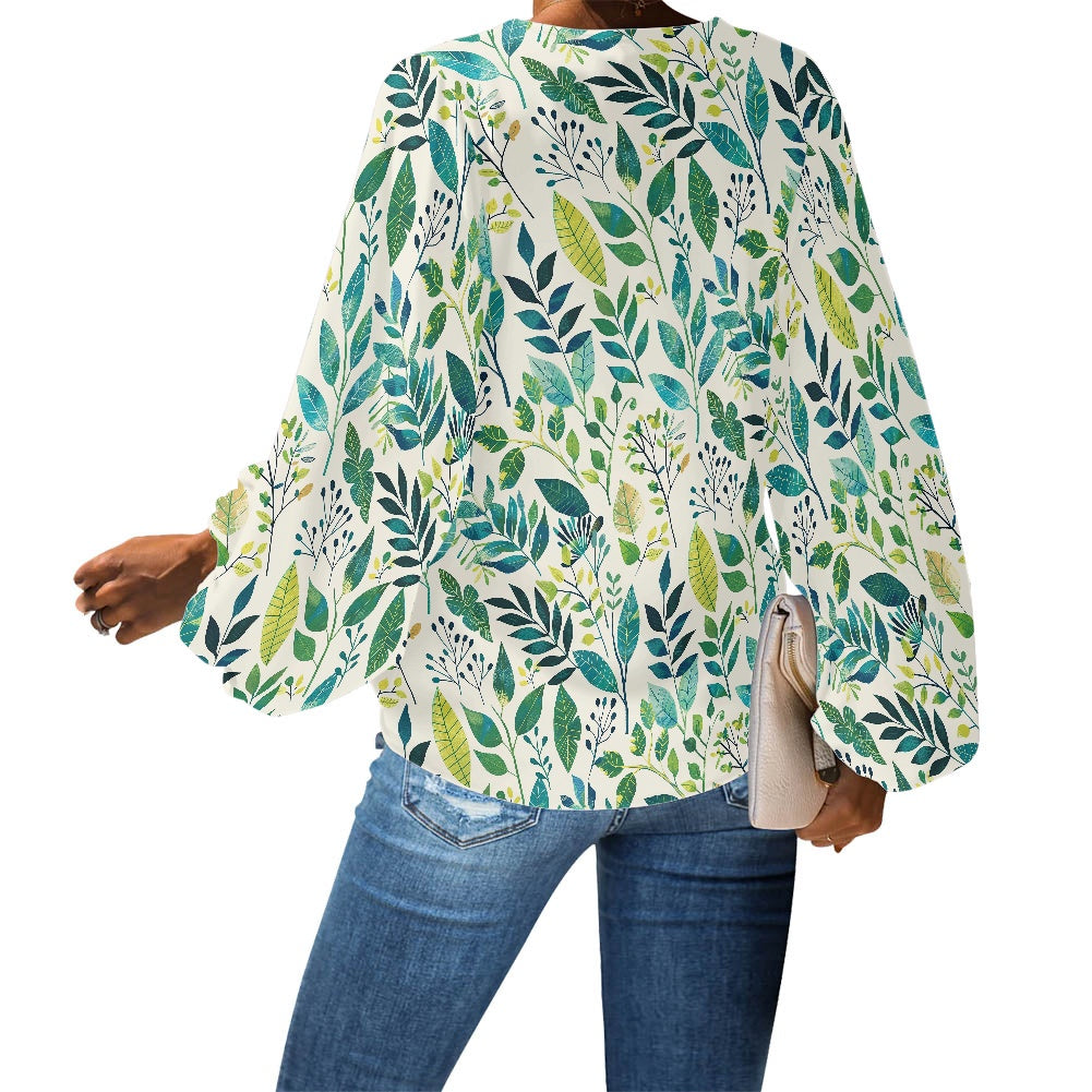 V-Neck Chiffon Puff Sleeve Blouse by Luxtrini