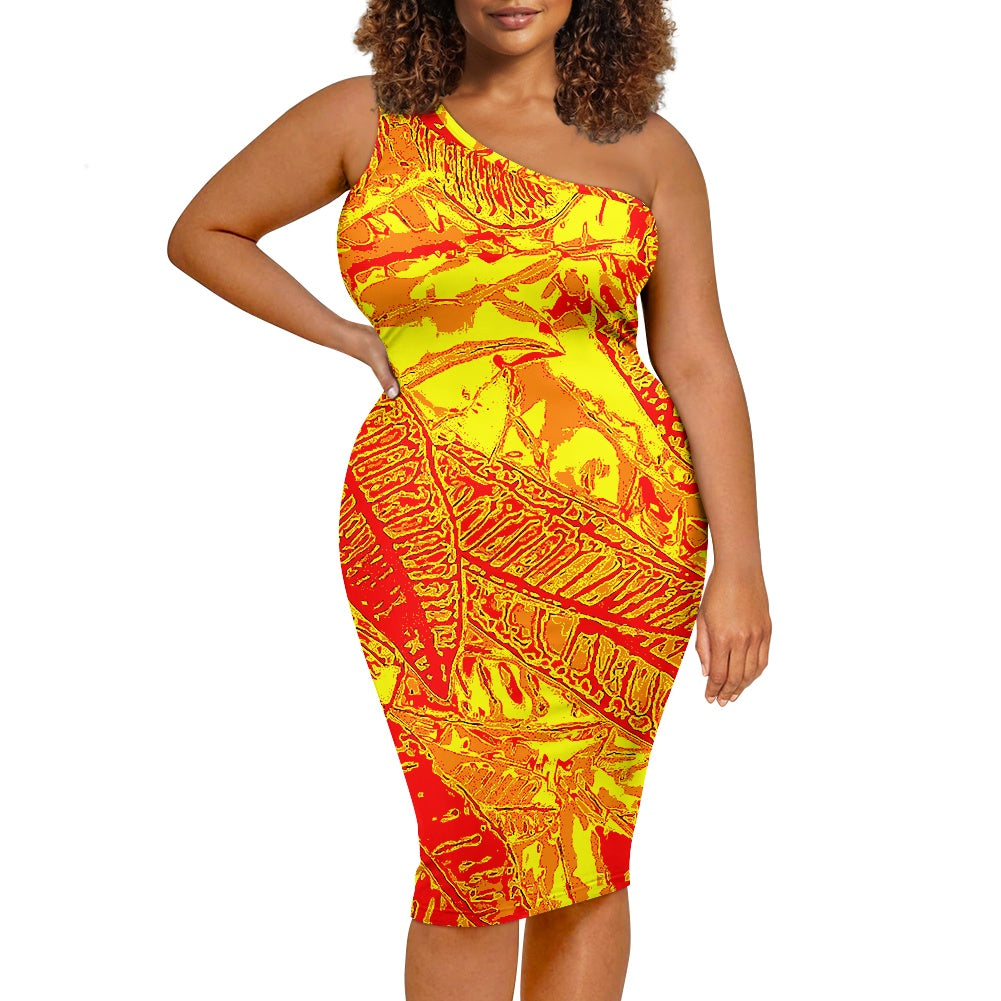 Discover Elegance: Luxtrini's One-Shoulder Slim Dress - Orange Croton Vibrant