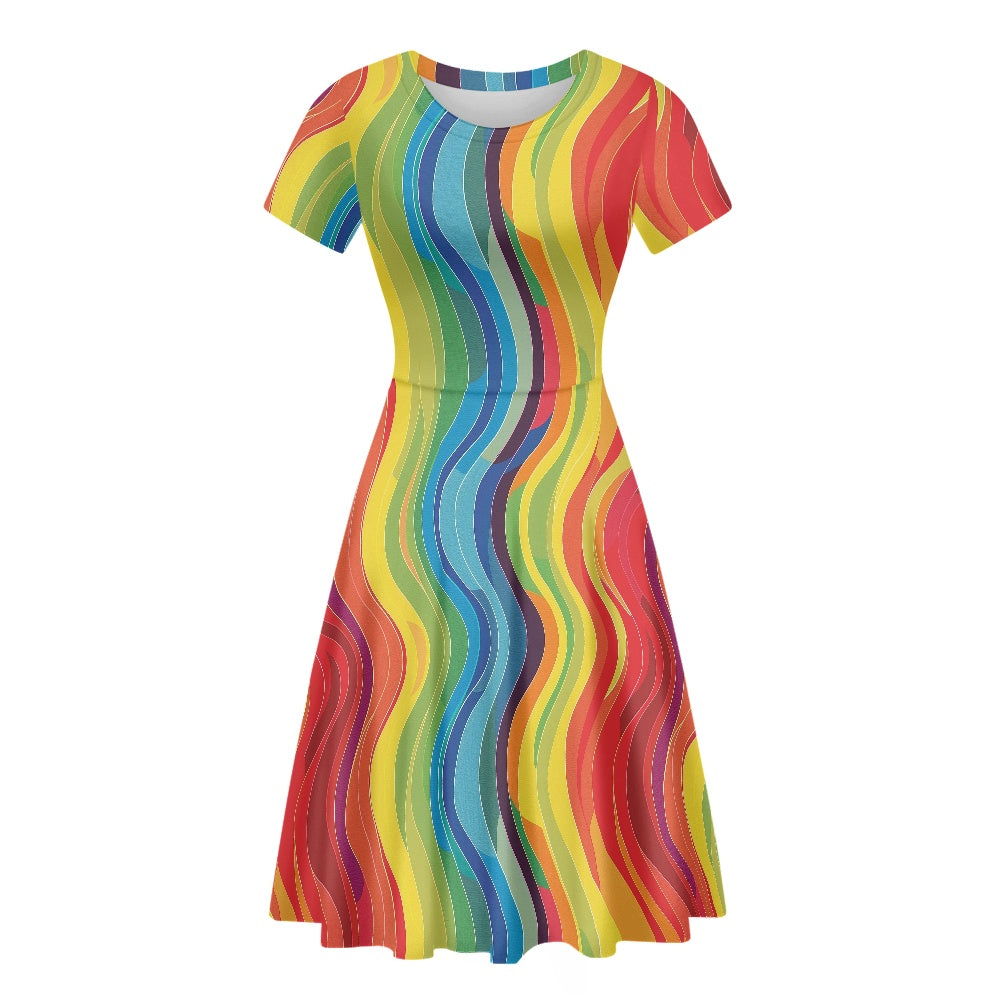 Women Scoop Neck Short Sleeve Ruffle Dress white