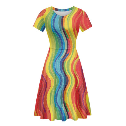 Women Scoop Neck Short Sleeve Ruffle Dress white