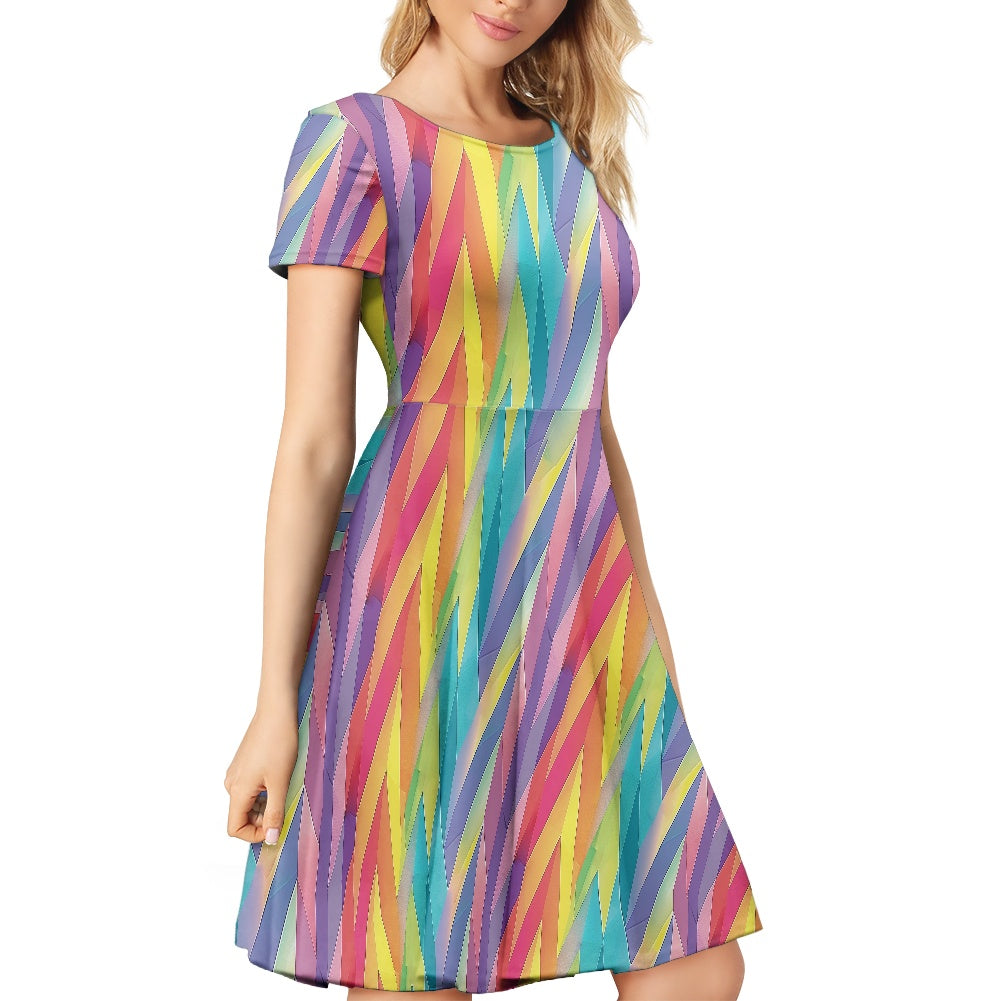 Pastel Chevron Rainbow Stripes Women Scoop Neck Short Sleeve Ruffle Dress