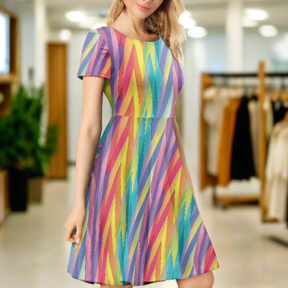 Pastel Chevron Rainbow Stripes Women Scoop Neck Short Sleeve Ruffle Dress