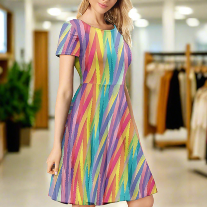 Pastel Chevron Rainbow Stripes Women Scoop Neck Short Sleeve Ruffle Dress