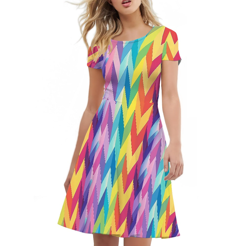 Chevron Rainbow LGBTQ Women Scoop Neck Short Sleeve Ruffle Dress