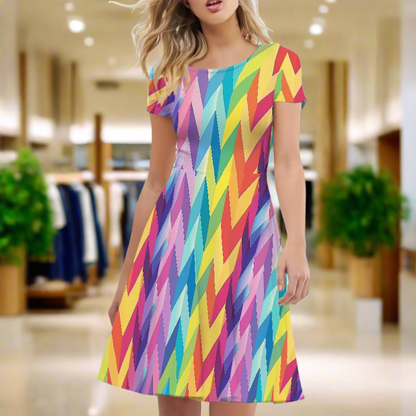 Chevron Rainbow LGBTQ Women Scoop Neck Short Sleeve Ruffle Dress