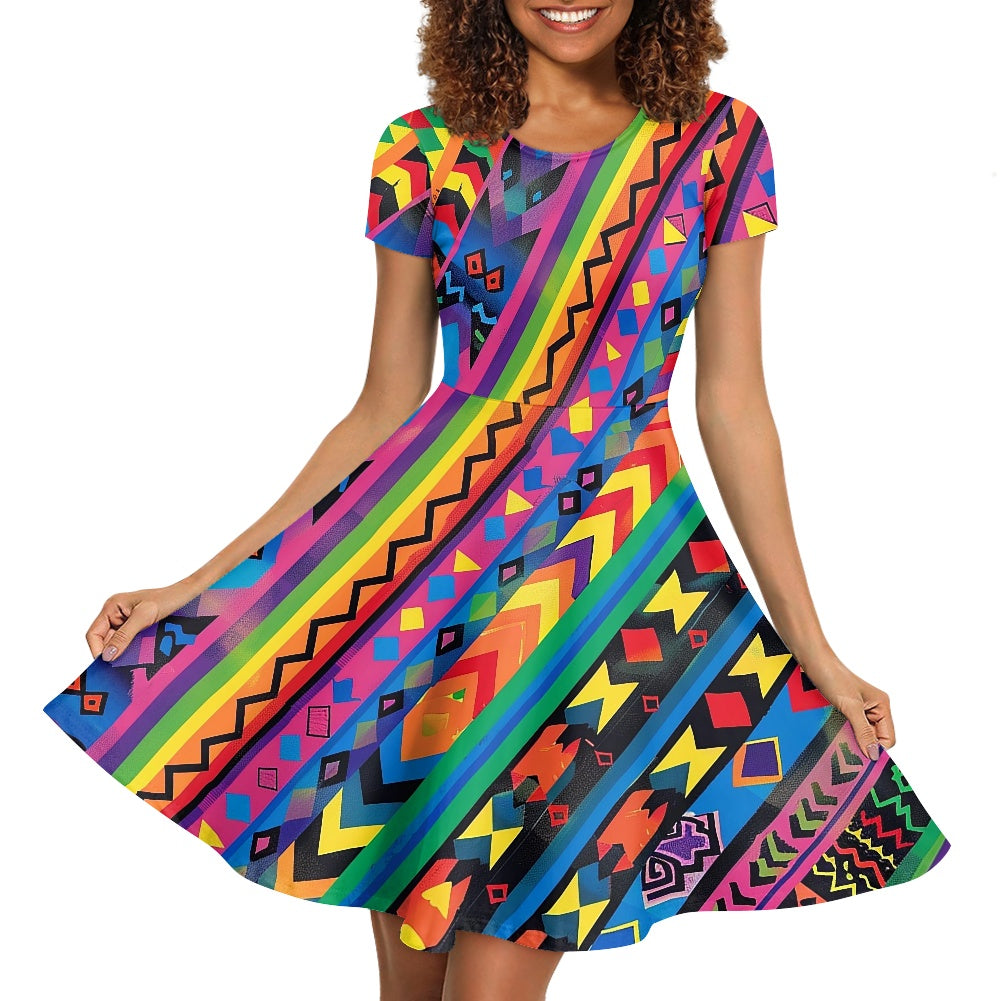 Women Scoop Neck Short Sleeve Ruffle Dress