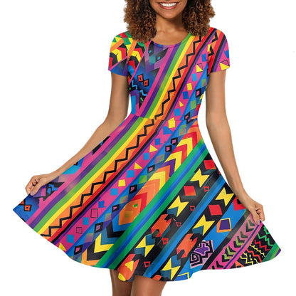 Women Scoop Neck Short Sleeve Ruffle Dress