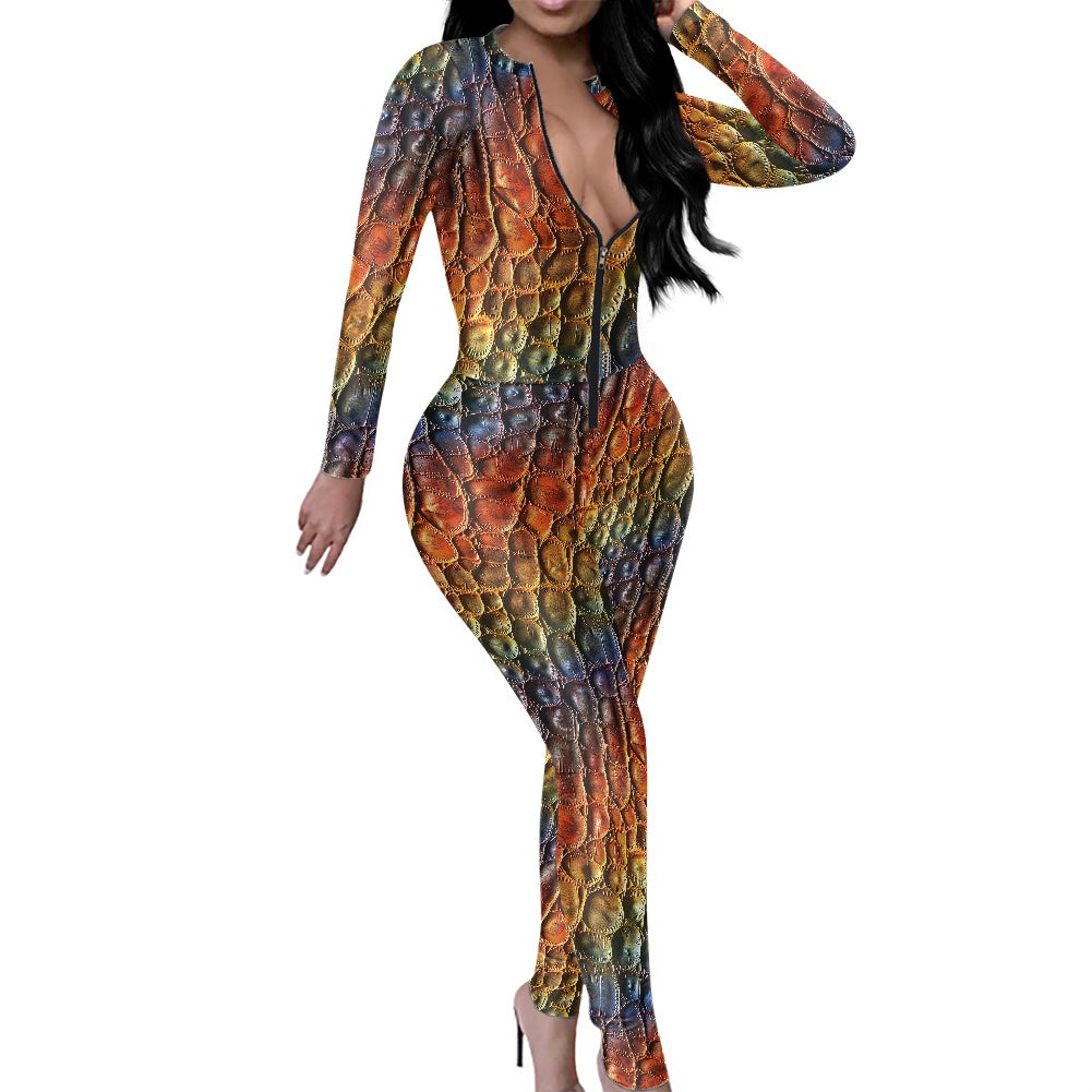 Unique Alligator Skin pattern Rainbow Pride Women's Plunging Neck Jumpsuit 4XL