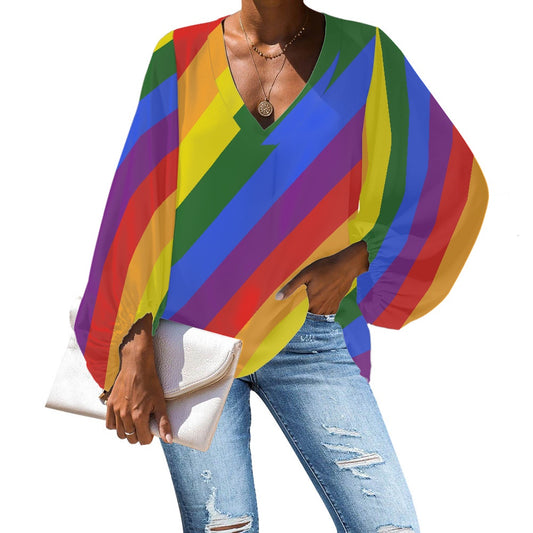 Rainbow V-Neck Chiffon Puff Sleeve Blouse by Luxtrini