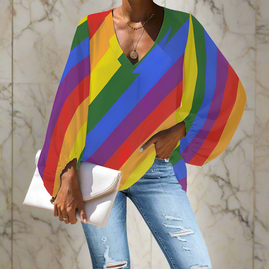 Rainbow V-Neck Chiffon Puff Sleeve Blouse by Luxtrini