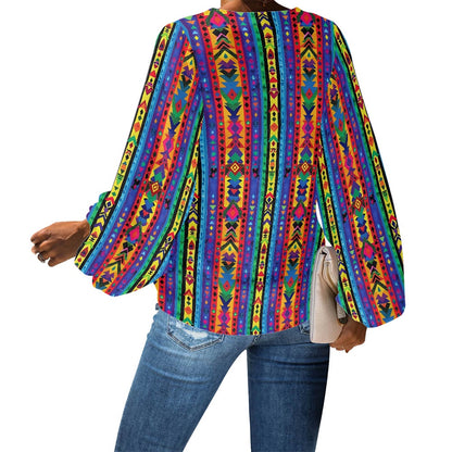 V-Neck Chiffon Puff Sleeve Blouse by Luxtrini