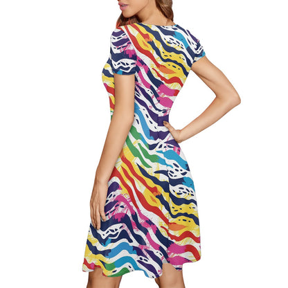 Rainbow Animal Print Women Scoop Neck Short Sleeve Ruffle Dress