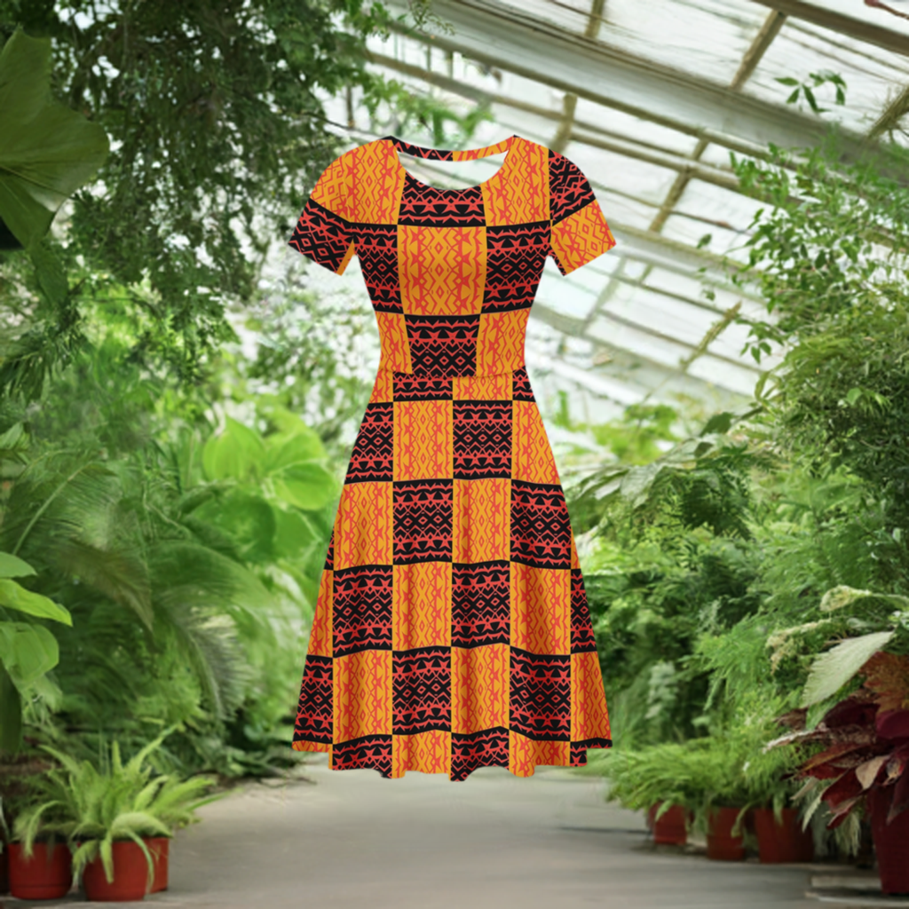 Black and Orange Tribal Design -  Women Scoop Neck Ruffle Dress