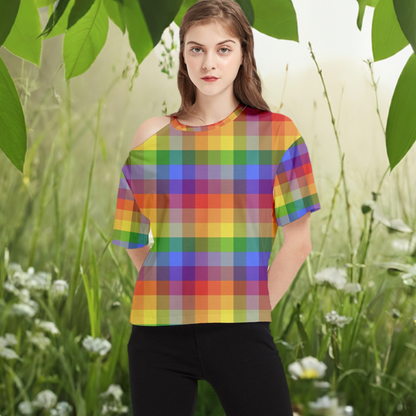 Rainbow Plaid One Shoulder Cut Out T-Shirt - Casual, Chic, and Perfect for Everyday Elegance