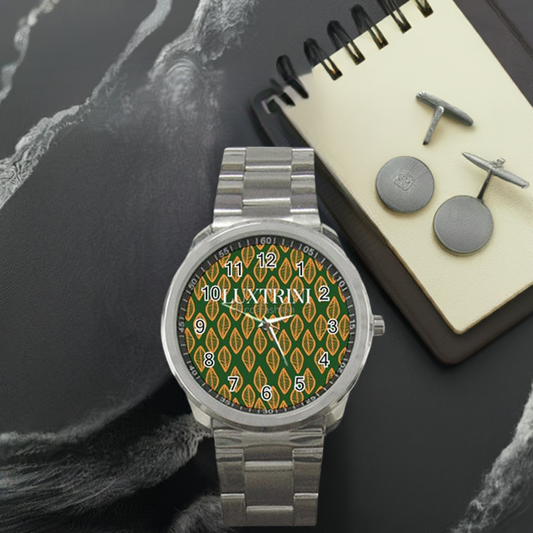 African | Ethnic | Mudcloth | #16 Green and Orange Sport Metal Watch