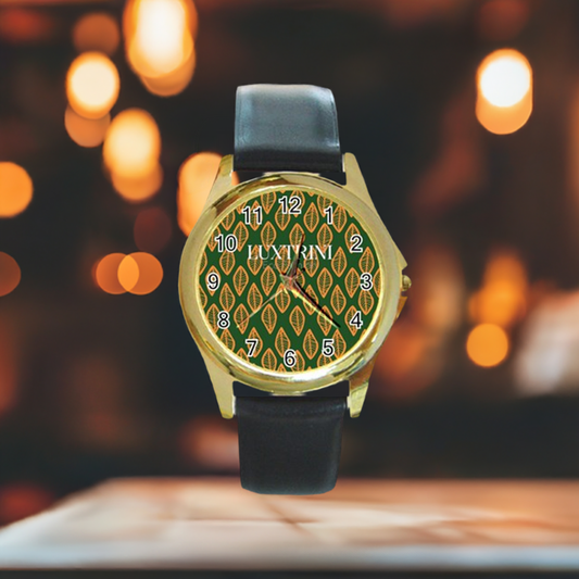 African | Ethnic | Mudcloth | #16 Green and Orange Round Gold Metal Watch