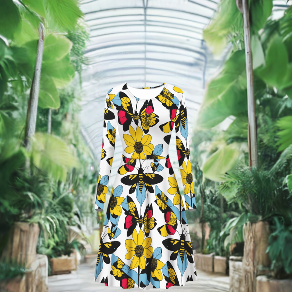 Bees and Sunflowers Long Sleeve Scoop Neck Ruffle Dress - Women's Custom Dress