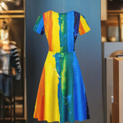 Rainbow Painting Women Scoop Neck Ruffle Dress