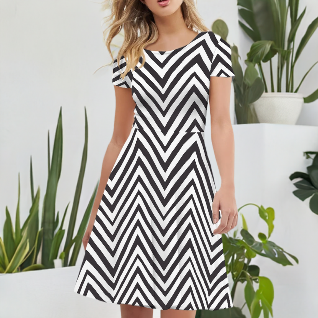 Black and White Chevron Women Scoop Neck Short Sleeve Ruffle Dress