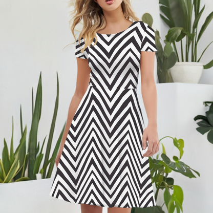 Black and White Chevron Women Scoop Neck Short Sleeve Ruffle Dress