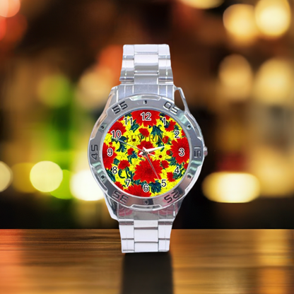 Red Flowers on Yellow Stainless Steel Analogue Watch