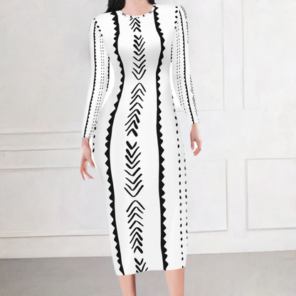 Ethnic Mudcloth White Black Bodycon Midi Sheath Dress Up to 4XL