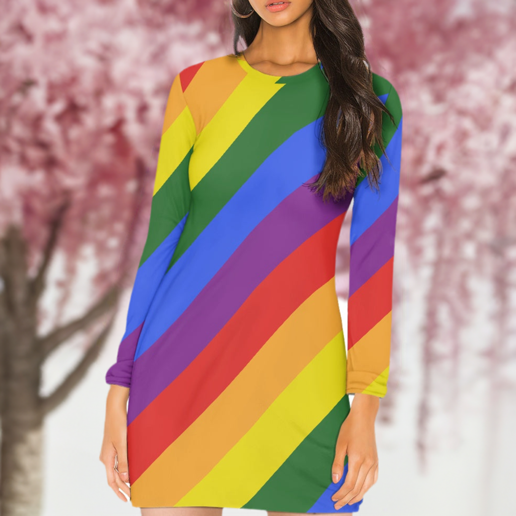Rainbow Pride Long Sleeve Dress | Women's Colorful Striped Mini Dress with Round Neckline | Casual to Formal Wear | High-Resolution Pride Flag Inspired Fashion