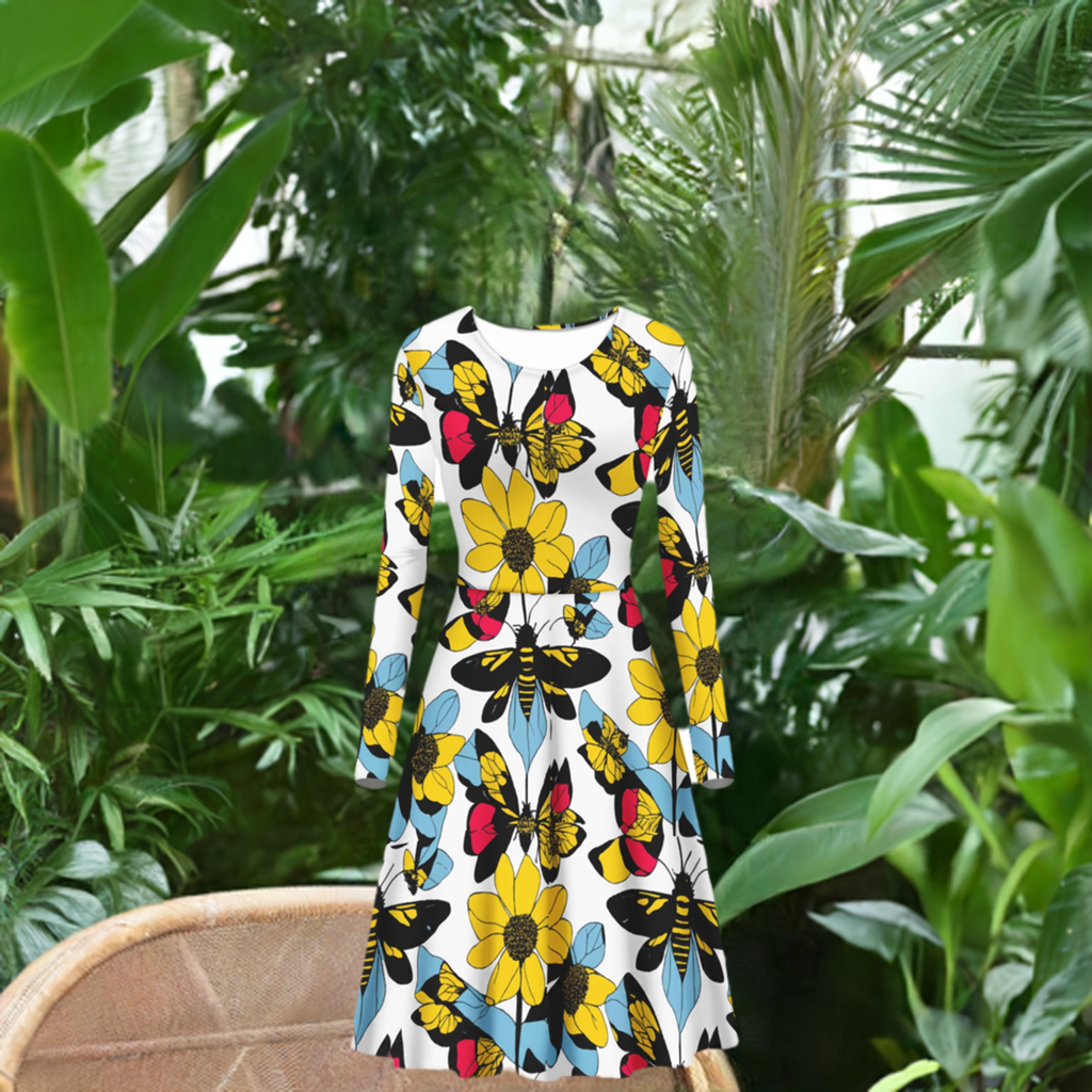 Bees and Sunflowers Long Sleeve Scoop Neck Ruffle Dress - Women's Custom Dress