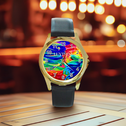 Rainbow Confusion Round Gold Metal Watch