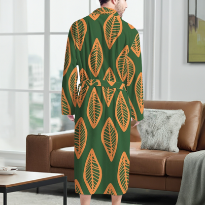 African | Ethnic | Mudcloth | #16 Green and Orange Men's Bathrobe