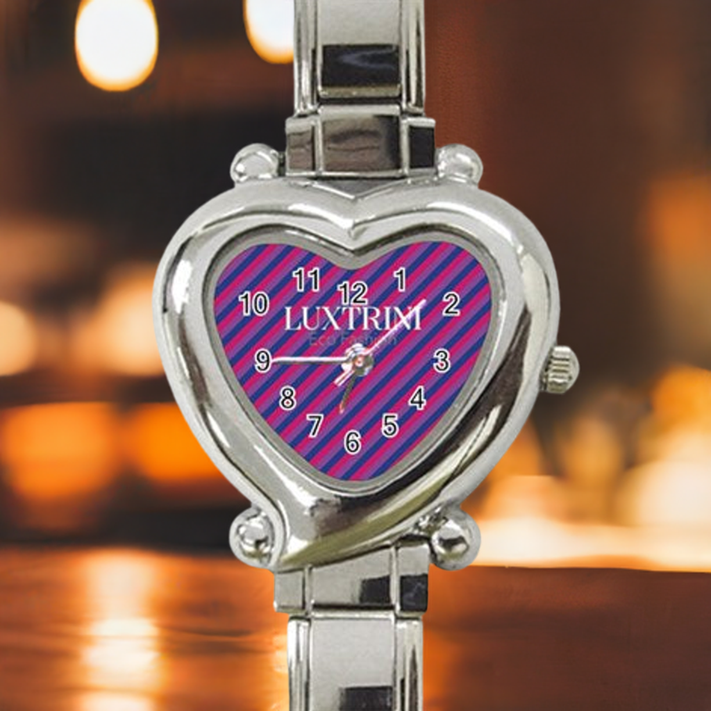 Luxtrini Bisexual Flag Heart Charm Watch | Customizable Luxury Timepiece with Japanese Movement, Adjustable Stainless Steel Band