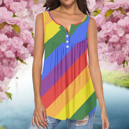 Rainbow Striped Sleeveless V-Neck Top with Button Detail - Colorful Spring/Summer Tank Top for All Body Shapes