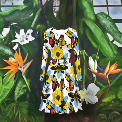 Bees and Sunflowers Long Sleeve Scoop Neck Ruffle Dress - Women's Custom Dress