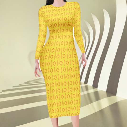 African | Ethnic | Mudcloth | Yellow Women Bodycon Midi Sheath Dress - up to 4XL