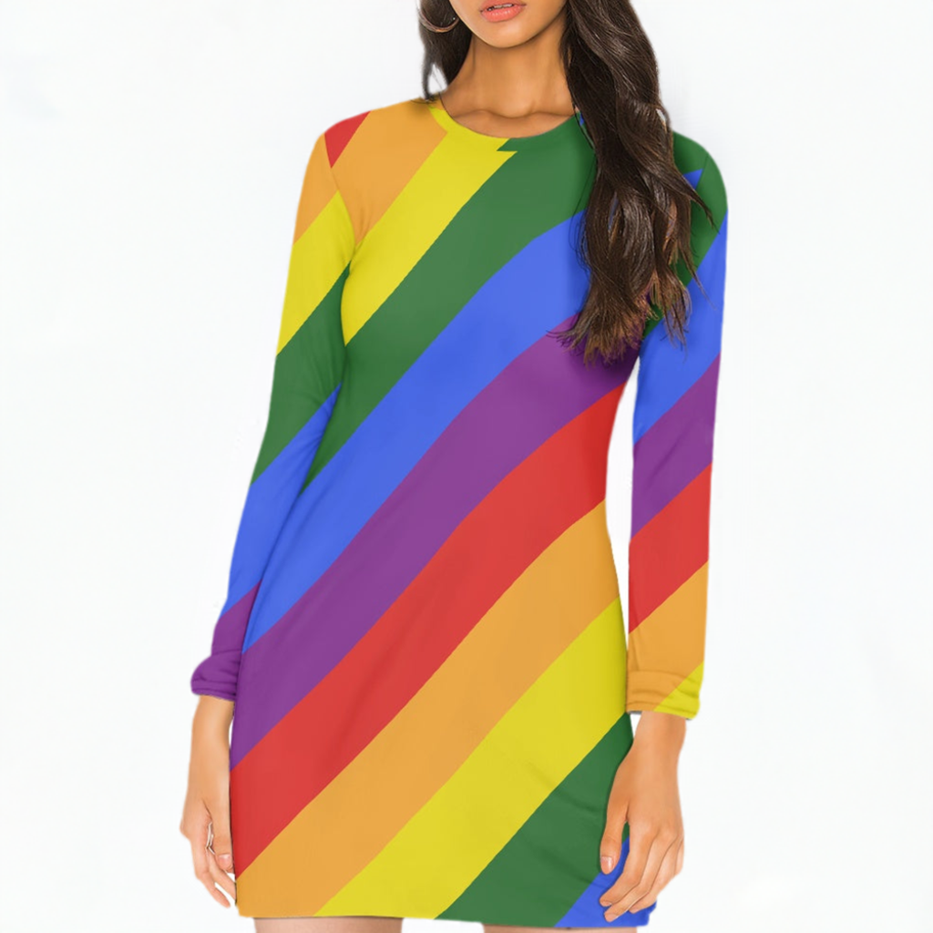 Rainbow Pride Long Sleeve Dress | Women's Colorful Striped Mini Dress with Round Neckline | Casual to Formal Wear | High-Resolution Pride Flag Inspired Fashion