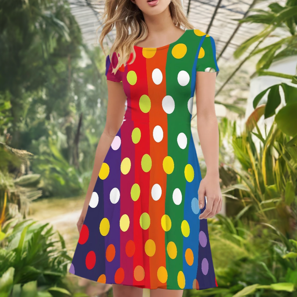 Rainbow Polka Women Scoop Neck Short Sleeve Ruffle Dress