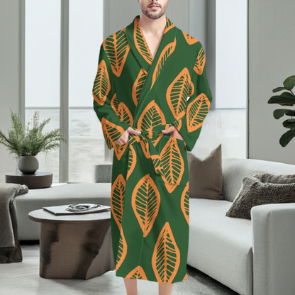 African | Ethnic | Mudcloth | #16 Green and Orange Men's Bathrobe