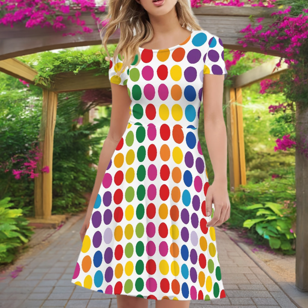 Rainbow Polka Dot Women Scoop Neck Short Sleeve Ruffle Dress