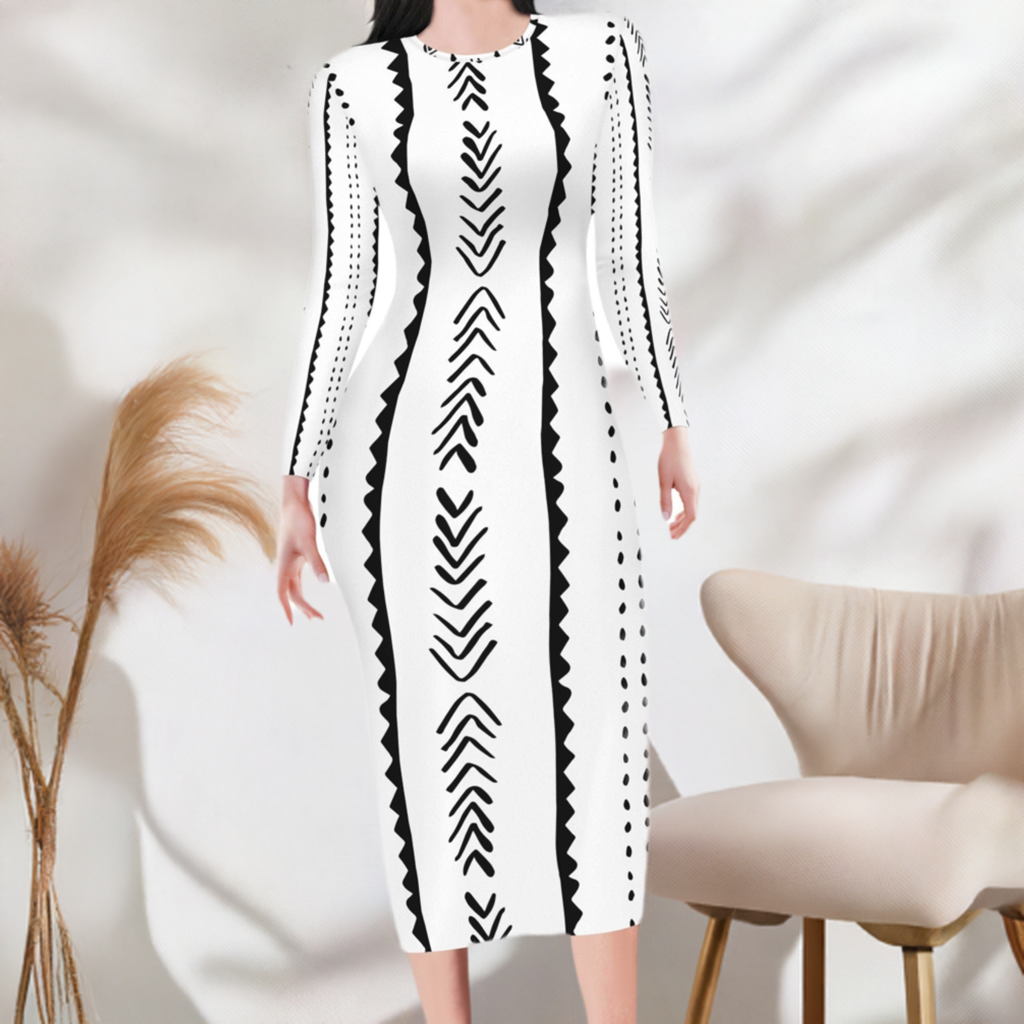 Ethnic Mudcloth White Black Bodycon Midi Sheath Dress Up to 4XL