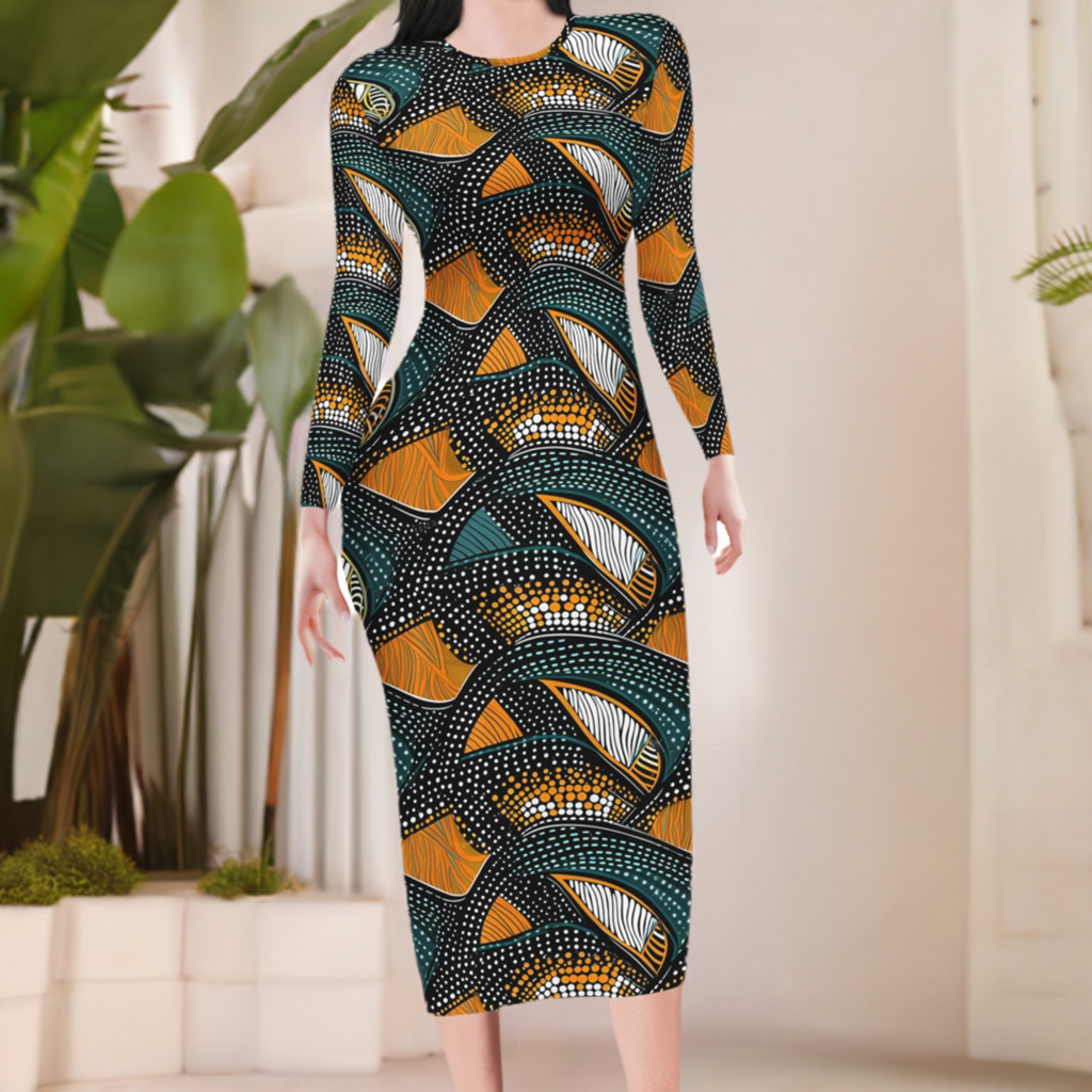 African Wave: Dark Aquamarine & Orange, Hand-Colored, Naturalistic Ocean Waves Women Bodycon Midi Sheath Dress