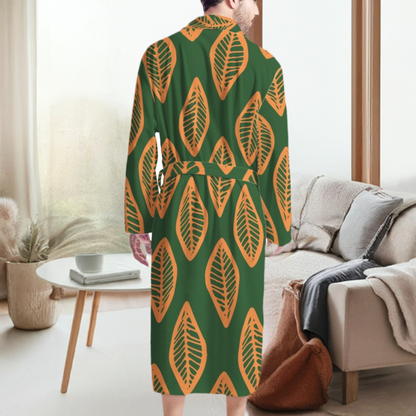 African | Ethnic | Mudcloth | #16 Green and Orange Men's Bathrobe