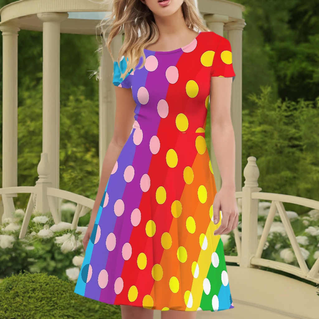 Rainbow Polka Dot Women Scoop Neck Short Sleeve Ruffle Dress
