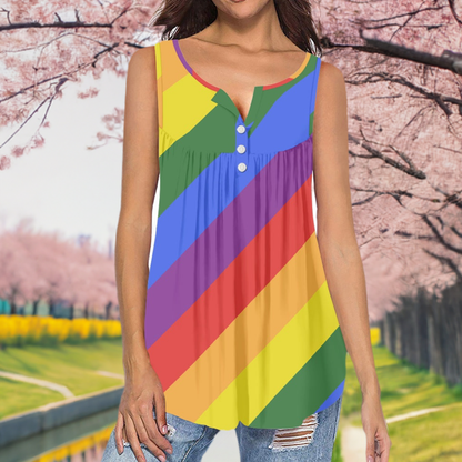 Rainbow Striped Sleeveless V-Neck Top with Button Detail - Colorful Spring/Summer Tank Top for All Body Shapes