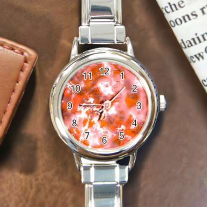 Round Italian Charm Watch Red Hibiscus Impressionist