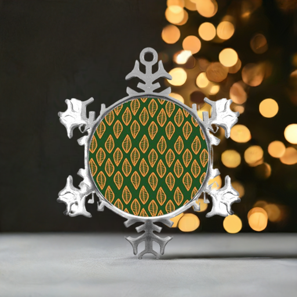 African | Ethnic | Mudcloth | #16 Green and Orange Metal Small Snowflake Ornament