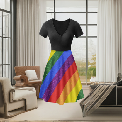 Custom LGBTQ Pride Black Dress with Ruffle Bottom - Handmade Eco-Friendly Fashion