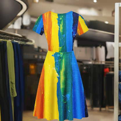 Rainbow Painting Women Scoop Neck Ruffle Dress