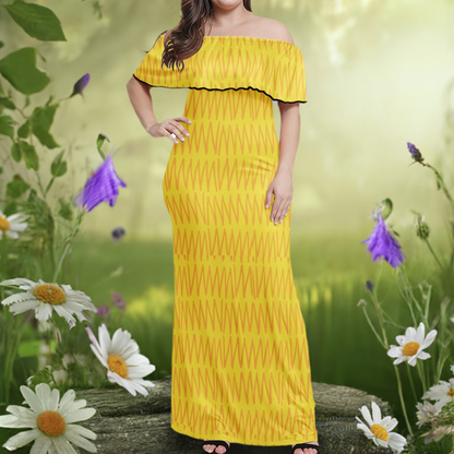 African Ethnic Mudcloth Yellow Women Off Shoulder Maxi Dress - Sizes up to 7XL