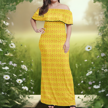 African Ethnic Mudcloth Yellow Women Off Shoulder Maxi Dress - Sizes up to 7XL